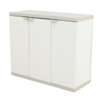 Pegane ? armoire basse 3 portes en r�sine beige ? dimensions 105x44x88 cm ? 2 �tag�res r�glables ? utilisation ...