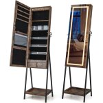 Armoire � bijoux avec miroir led 3 couleurs, miroir bijoux sur pieds avec porte verrouillable, 2 tiroirs, ...