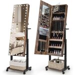 Armoire à bijoux miroir pleine longueur avec led réglable en hauteur et en angle - roues universelles ... Armoire à bijoux miroir pleine longueur avec led réglable en hauteur et en angle - roues universelles ...