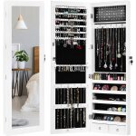 Costway - armoire  bijoux mural avec clairage led sur pied avec miroir pivotante armoire de rangement ...