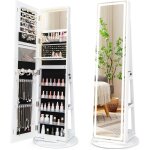 Relax4life armoire � bijoux pivotante � 360� avec miroir led, miroir bijoux sur pied avec rangement verrouilla ...