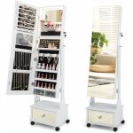 Costway - armoire  bijoux sur roulettes, verrouillable, organisateur de bijoux sur pieds avec miroir ...