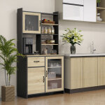 Armoire de cuisine buffet haut avec 1 tiroir 3 placards �tag�res 2 portes vitr�es 90 x 39 x 177 cm noir ...