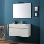 Armoire de salle de bains suspendue 90cm lavabo blanc et miroir sole