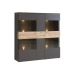 Armoire vitrine 150 cm 3 portes d�cor bois clair et gris - marbella