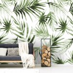 Papier peint panoramique feuilles aquarelle 200 x 280cm vert, blanc