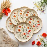 Assiettes � d�jeuner et � dessert (lot de 6) - motif fleurs sauvages - coquelicots - � 20 cm