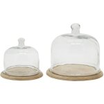 Cloches en verre + plateaux en manguier (lot de 2)