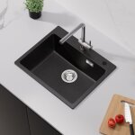 Auralum �vier 1 bac 55x45x20cm �vier noir en pierre de quartz avec trop - plein et ensemble de drainage, ...