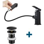 Auralum - robinet mitigeur lavabo avec douchette extractible, noir, hauteur 187mm + bonde lavabo bonde ...