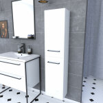 Aurlane - colonne de salle de bain blanche 30x35x150 cm - 2 portes blanches poignees noir mat - structura ...