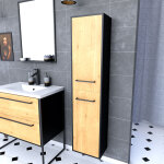 Aurlane - colonne de salle de bain noir mat 30x35x150cm 2 portes ch�ne naturel poign�es noir mat - structura ...