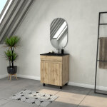 Meuble salle de bains 60cm 2 portes ch�ne naturel + vasque noire et miroir ovale
