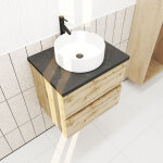 Meuble salle de bains 60cm chne naturel 2 tiroirs - plan effet marbre noir + vasque ronde blanche