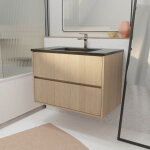 Aurlane - meuble de salle de bains 80 cm 2 tiroirs ch�ne clair + vasque c�ramique noire - xenos