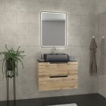 Meuble salle de bains 80 cm 2 tiroirs - chne et noir - vasque rectangle - miroir black led - omega