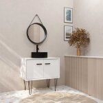 Aurlane - meuble salle de bains 80cm blanc et noir sur pieds - 2 portes - vasque ronde et miroir barbier ...