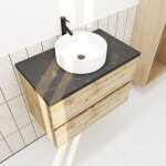 Meuble salle de bains 80cm chne naturel 2 tiroirs - plan effet marbre noir + vasque ronde blanche