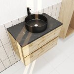 Meuble salle de bains 80cm chne naturel 2 tiroirs - plan effet marbre noir + vasque ronde noire
