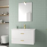 Meuble salle de bains 80cm laqu blanc et or dor  tiroirs avec vasque - miroir & applique led