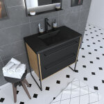 Aurlane - meuble de salle de bain 80x50cm chene brun - 2 tiroirs noir mat - vasque resine noire effet ...