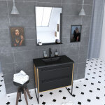 Aurlane - meuble de salle de bain 80x50cm chene brun - 2 tiroirs noir mat - vasque resine noire effet ...