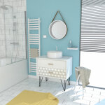 Meuble salle de bain scandinave blanc 80 cm sur pieds avec tiroir, vasque a poser et miroir rond
