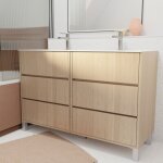 Pack meuble salle de bains 120 cm ch�ne clair, 6 tiroirs avec vasque c�ramique - xenos