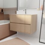 Pack meuble salle de bains 80 cm ch�ne clair, 2 tiroirs avec vasque c�ramique - xenos