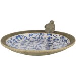Bain d'oiseau sur pieds en c�ramique patin� - blanc / bleu - l 33, 5 x p 33, 5 x h 10, 8 cm - livraison ...