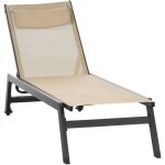 Bain de soleil transat inclinable 5 positions - t�ti�re, 2 roulettes - alu. textil�ne kaki