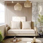 Balancelle de jardin 2 places en rotin avec coussin d'assise et coussin de dossier, amovible et lavable, ...