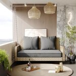 Balancelle de jardin 2 places en rotin avec coussin d'assise et coussin de dossier, amovible et lavable, ...