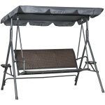 Balancelle de jardin 3 places - auvent rglable, plateaux porte - gobelets - rsine tresse pe brun acier ...