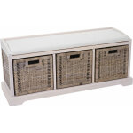 Hhg - banc / banquette bienne, bo�te de rangement, 3 paniers, treillis en rotin kubu, 112x46x37cm, blanc ...