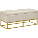 Banc banquette coffre de rangement 2 en 1 pitement acier dor assise capitonne tissu beige