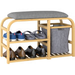 Banc � chaussures avec coussin d'assise, 2 �tag�res � lattes et panier en tissu coulissant, 70x30x45cm, ...