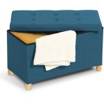 Banc coffre rangement sur pieds 76 cm tissu bleu canard