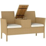 Banc de jardin 2 places en rotin et acier, banc d'ext�rieur avec coussins et table rabattable avec espace ...