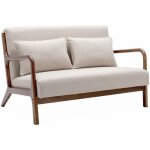 Sweeek - banquette 2 places tissu beige. pieds bois d'hva teint noyer clair. droit fixe. pieds compas ...