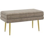 Banquette coffre de rangement 2 en 1 piètement effilé incliné acier doré velours taupe Banquette coffre de rangement 2 en 1 piètement effilé incliné acier doré velours taupe