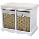 Banquette design vintage meuble de rangement en mdf blanc avec 2 paniers en saule blanc / naturel med05171 ...