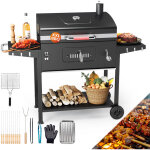 Barbecue charbon de bois xxl sur roulettes, tr�s grande surface de cuisson grille chrom�e 69�43 cm, avec ...