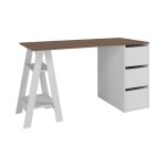 Beaux meubles pas chers - bureau trteau et caisson 3 tiroirs blanc et chtaignier l 135 h 75 p 60 cm ...