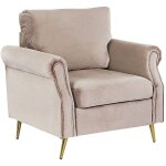 Fauteuil rembourré en velours taupe avec pieds en acier doré ajout parfait à chaque chambre ou salon ... Fauteuil rembourré en velours taupe avec pieds en acier doré ajout parfait à chaque chambre ou salon ...