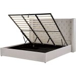 Lit avec rangement 180 x 200 cm en velours gris clair tte de lit capitonne lubbon