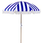 Parasol de jardin r�tro ? 150 cm m�t en bois et tissu bleu et blanc mondello