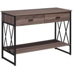Table console effet bois foncé taupe et métal noir avec 2 tiroirs et une etagère de design industriel ... Table console effet bois foncé taupe et métal noir avec 2 tiroirs et une etagère de design industriel ...