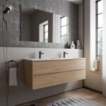 Bernstein - meuble double vasque suspendu mdf ch�ne miel, 2 lavabos fonte blanc mat + trous robinets ...