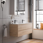 Bernstein - meuble double vasque suspendu salle de bain mdf ch�ne miel, lavabos c�ramique blanc brillant ...